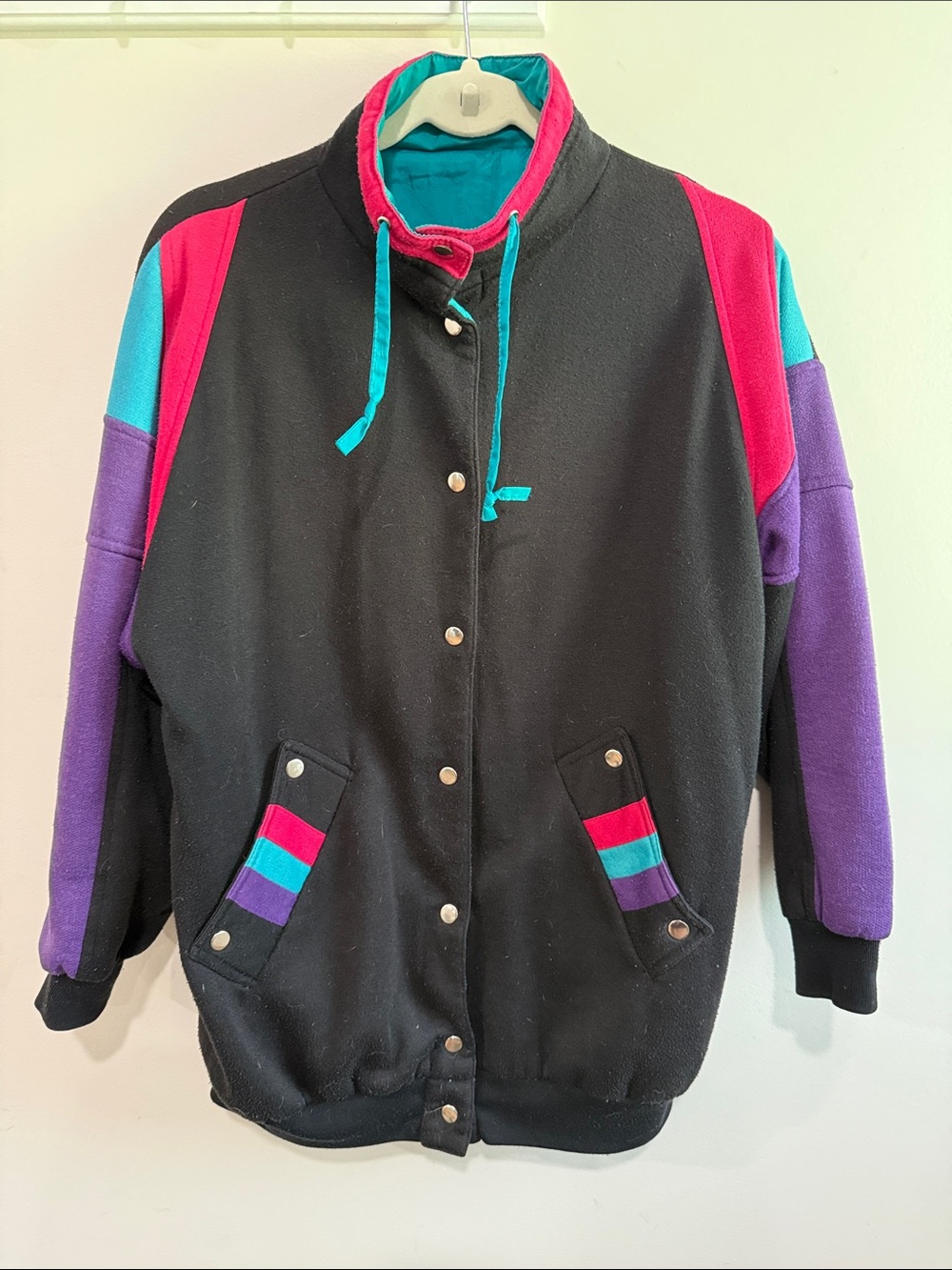 Black Light Weight 90s Jacket with Teal, Magenta & Purple Colorblock Accents